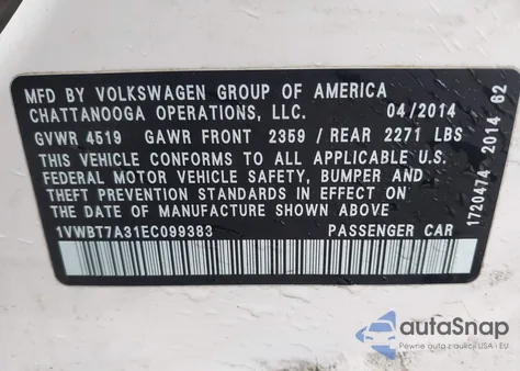 2014 Volkswagen Passat 1.8T Se from USA, damaged, VIN 1VWBT7A31EC099383